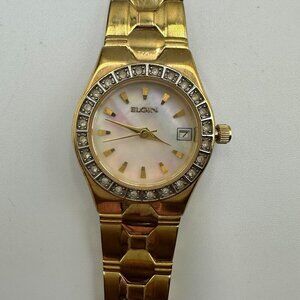 3/$30 Elgin Watch Women Gold Tone Mother of Pearl Dial Crystal Bezel 6"